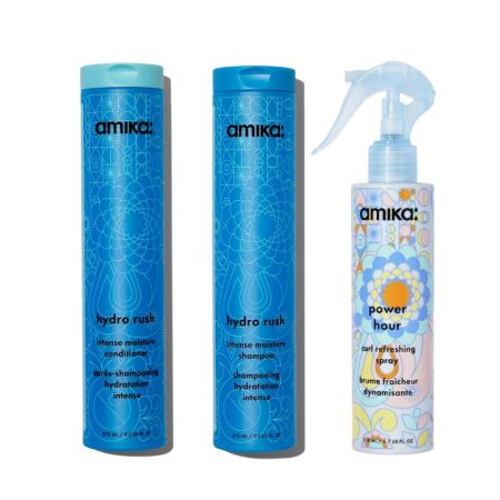 amika hydro rush set shampoo + conditioner & curl refreshing spray
